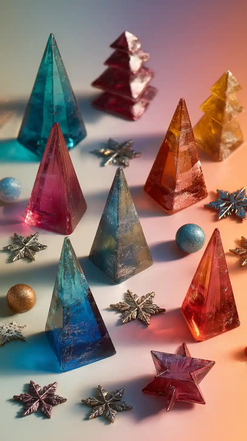 Geometric Christmas trees with colorful metallic ornaments
