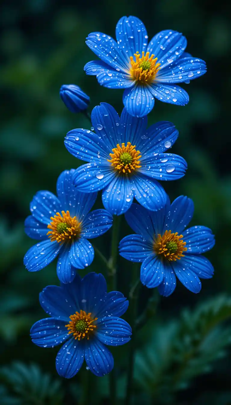 Blue flowers with yellow centers covered in water droplets