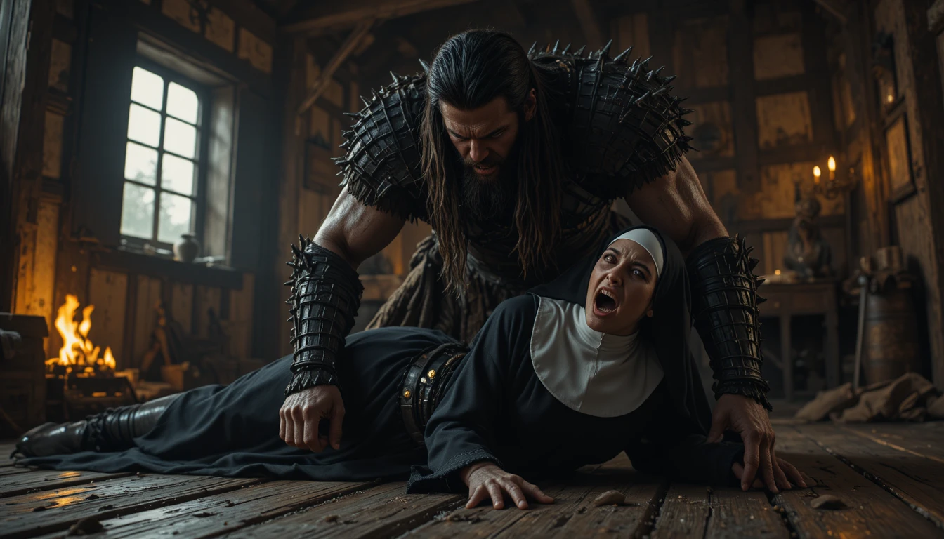Guerreiro Bárbaro Ameaçando Freira em Cabana Medieval Escura