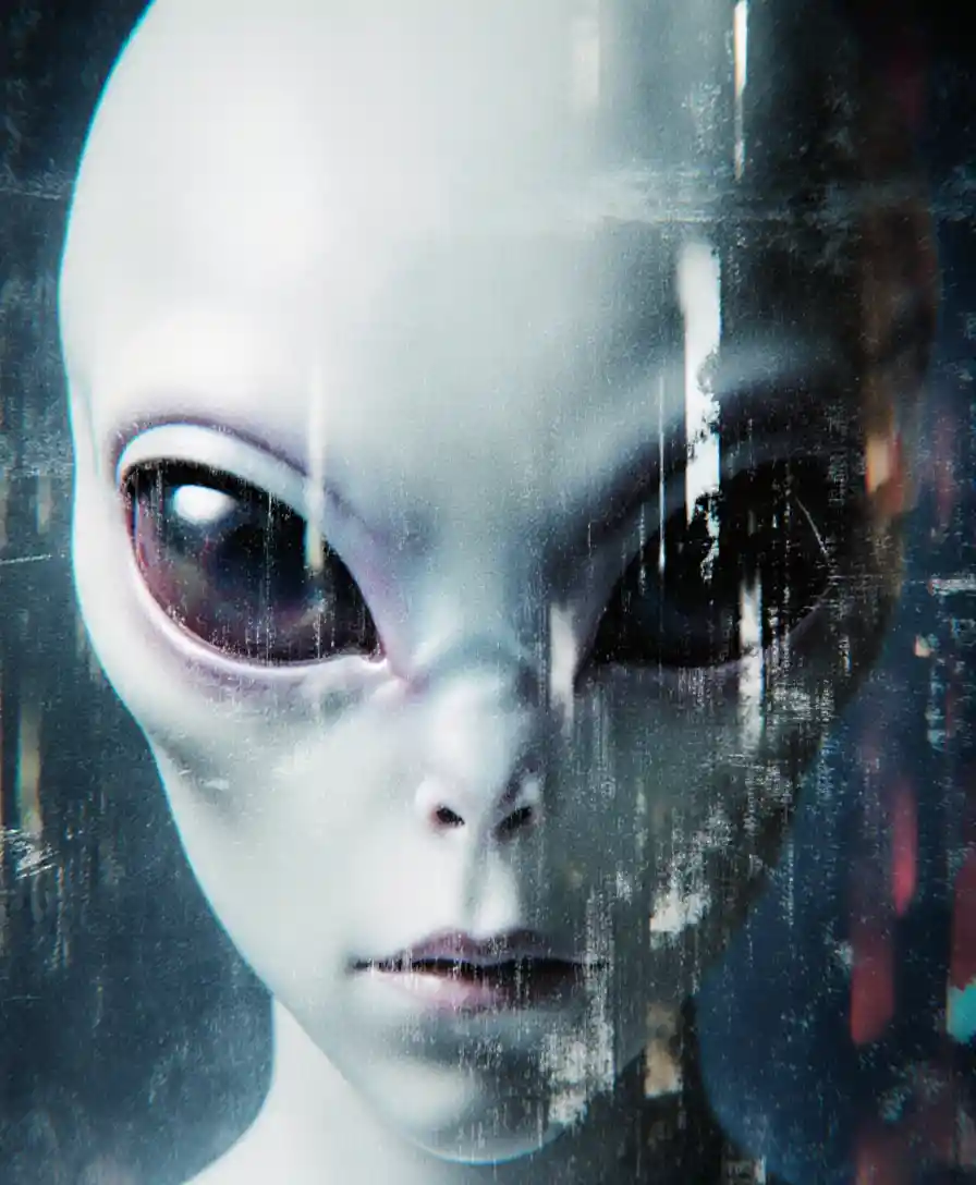 Human face seen through the unsettling gaze of an alien