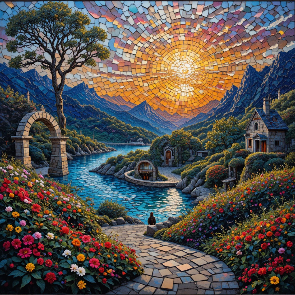 Lebendige Mosaikkunst mit filigranem Glas, Stein und Fliesen