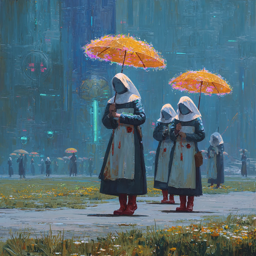 Nonnes en Bottes de Pluie Rouges sous des Parapluies Floraux Lumineux