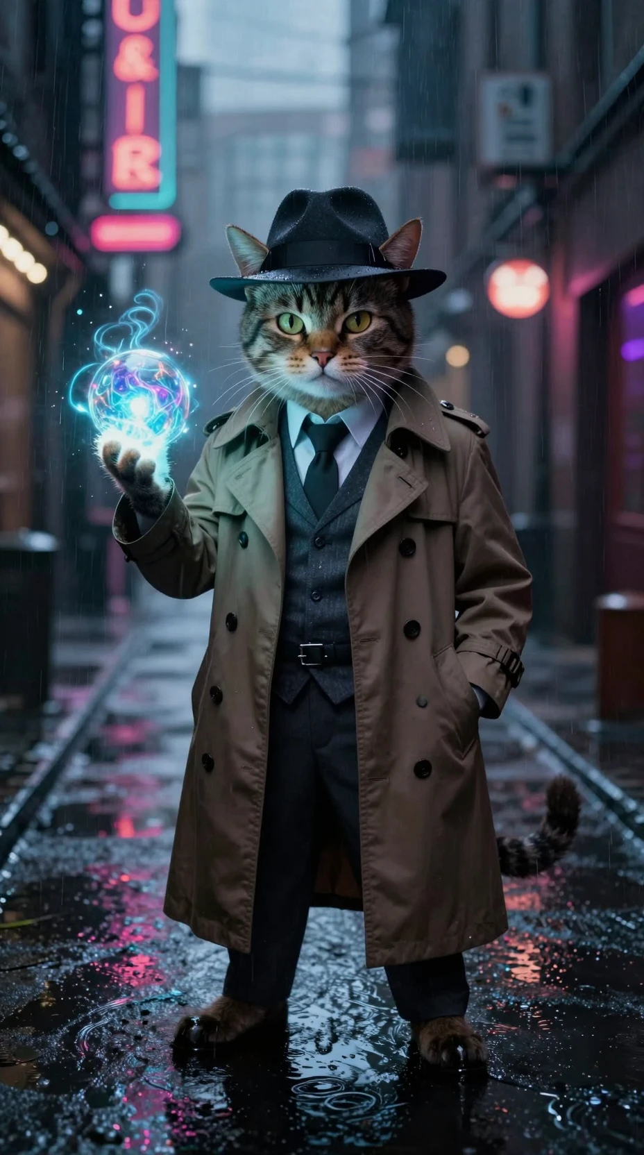 Gatto Detective Antropomorfo nel Vicolo Neon Noir della Città