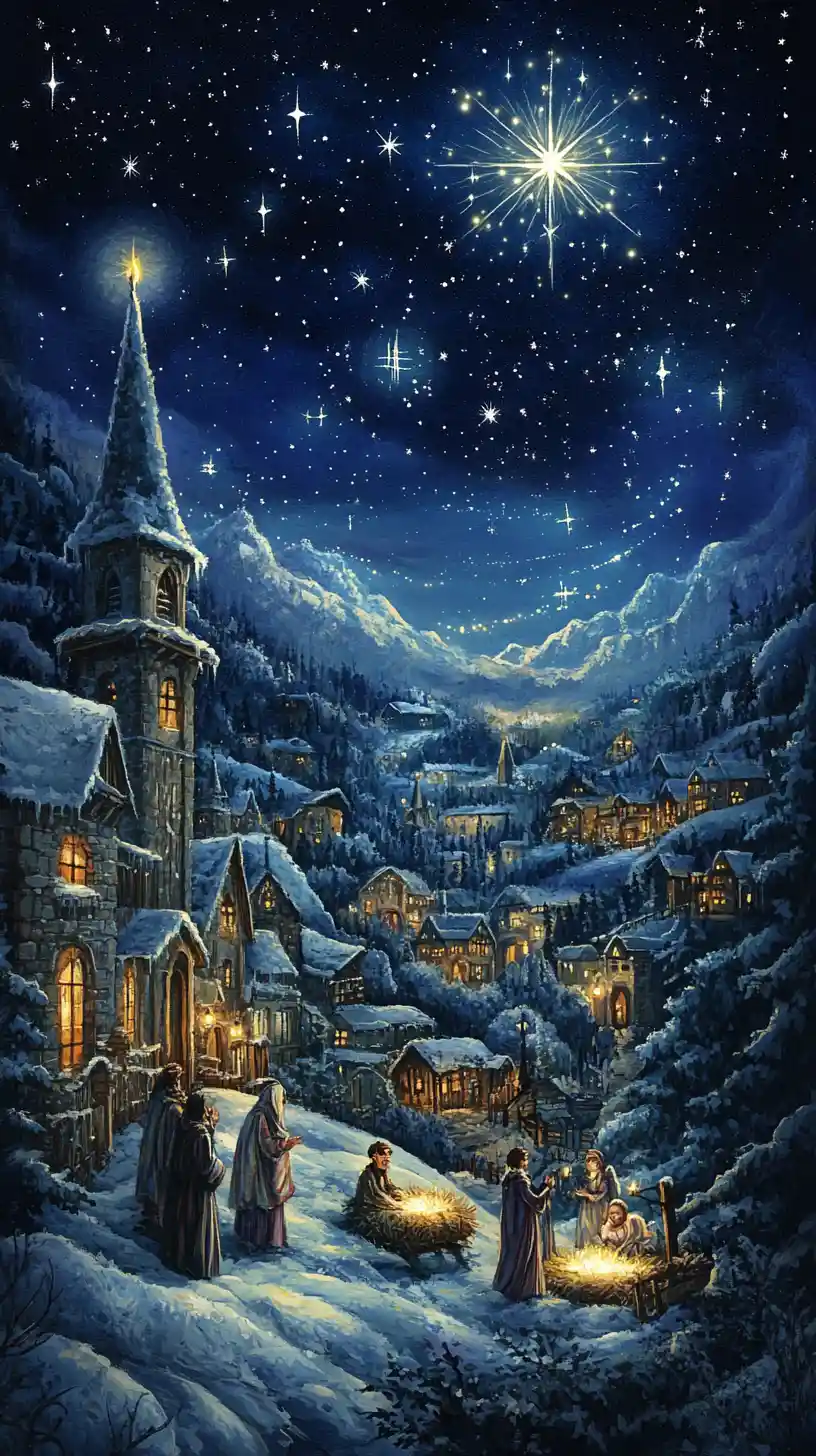 Silenziosa notte d’inverno su Betlemme con la Sacra Famiglia