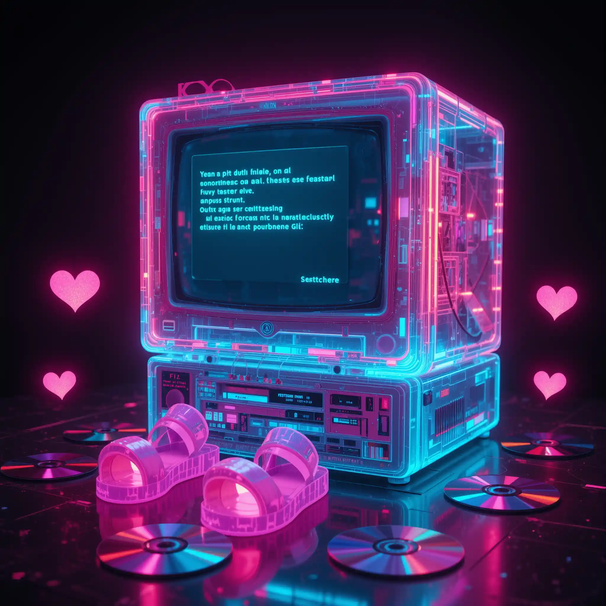 Holographic glitch computer with neon retro digital chaos