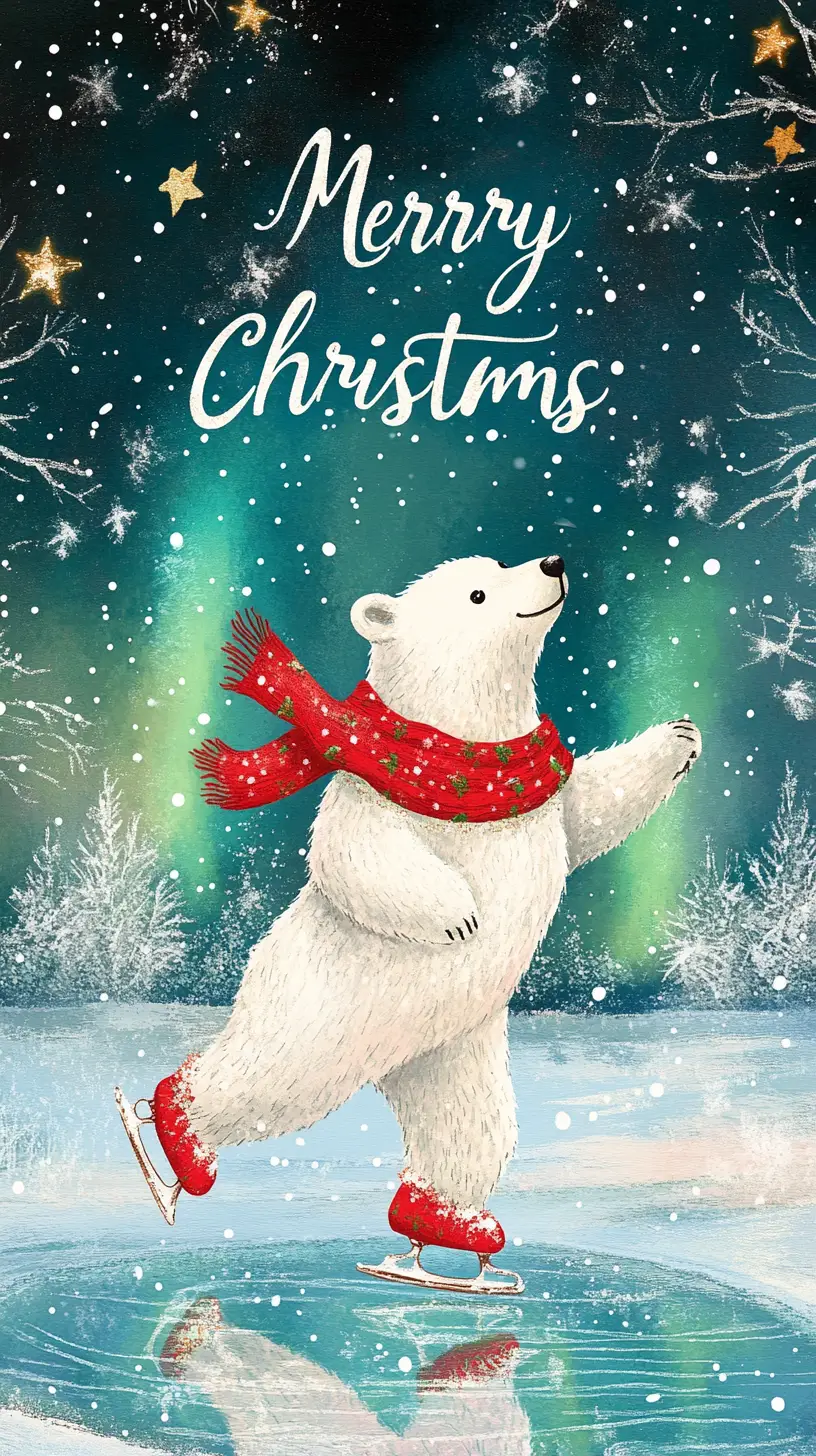 Polar bear skating on a frozen pond under northern lights