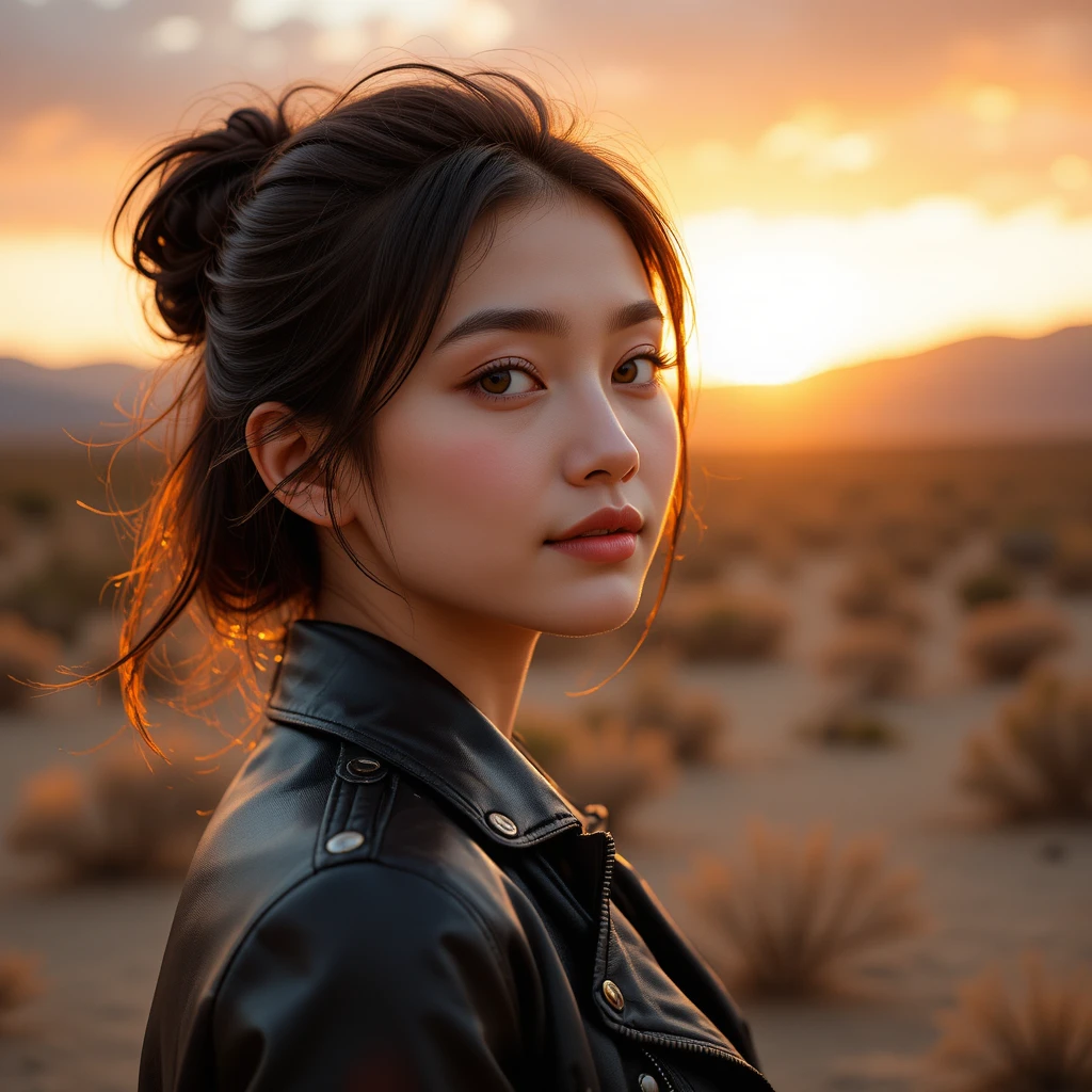 Giovane donna con giacca di pelle nel deserto al tramonto