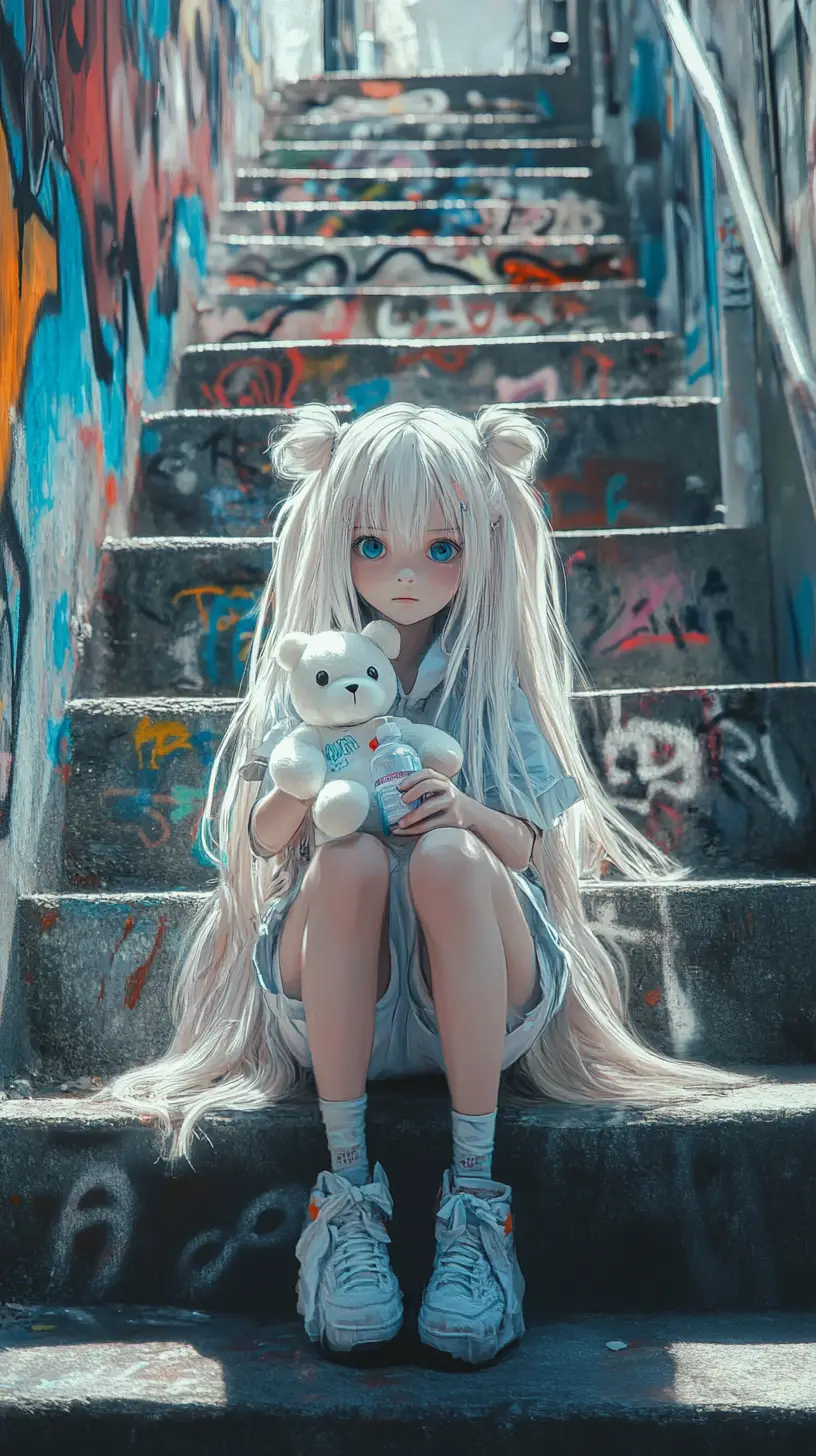 塗鴉階梯上的白色泰迪熊動漫少女