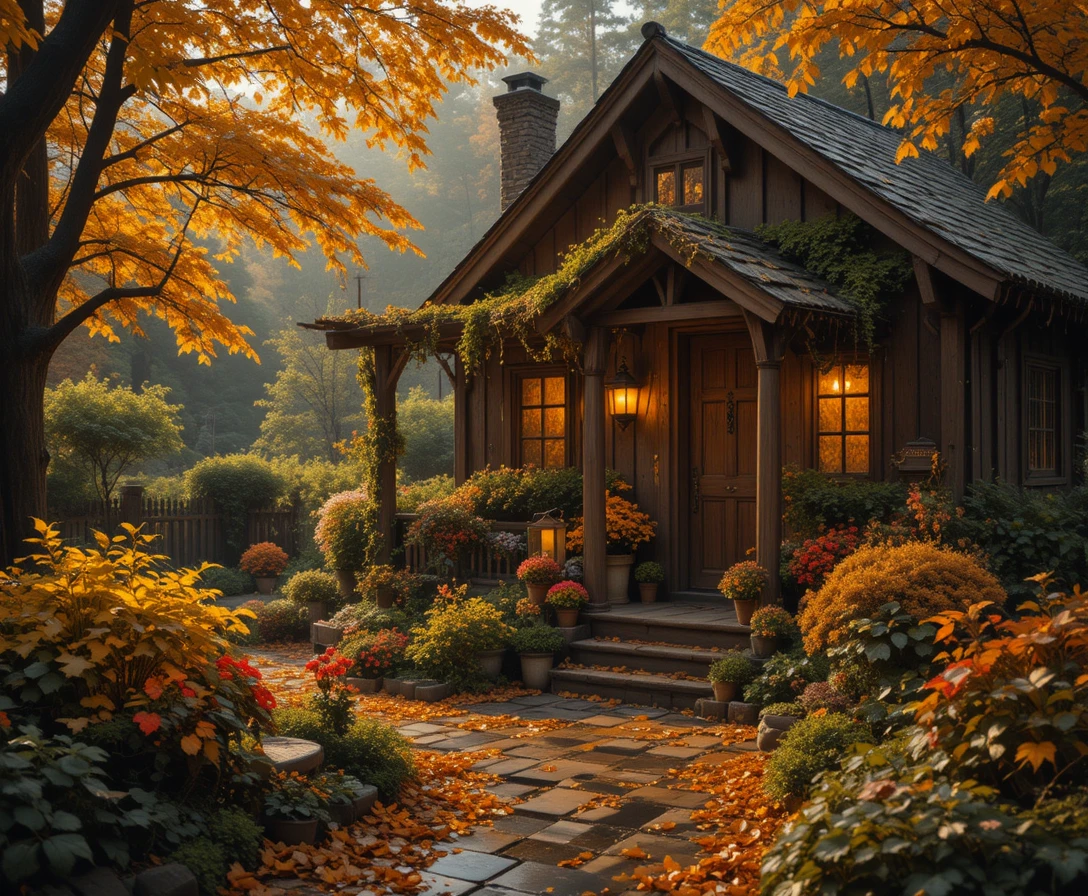 Véranda de Cottage Douillette dans un Jardin d’Automne Pluvieux