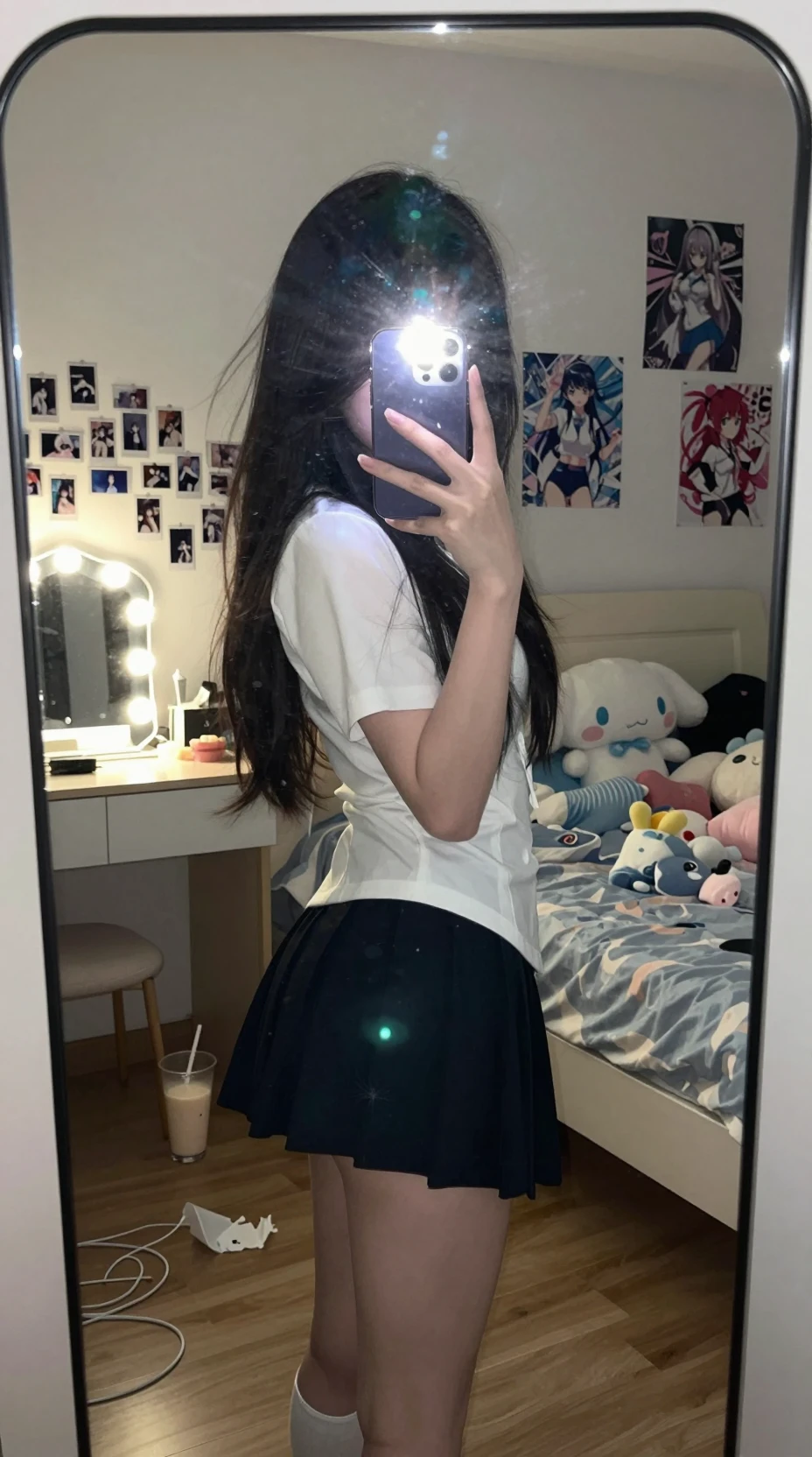 Cosplayer girl mirror selfie in a cozy bedroom