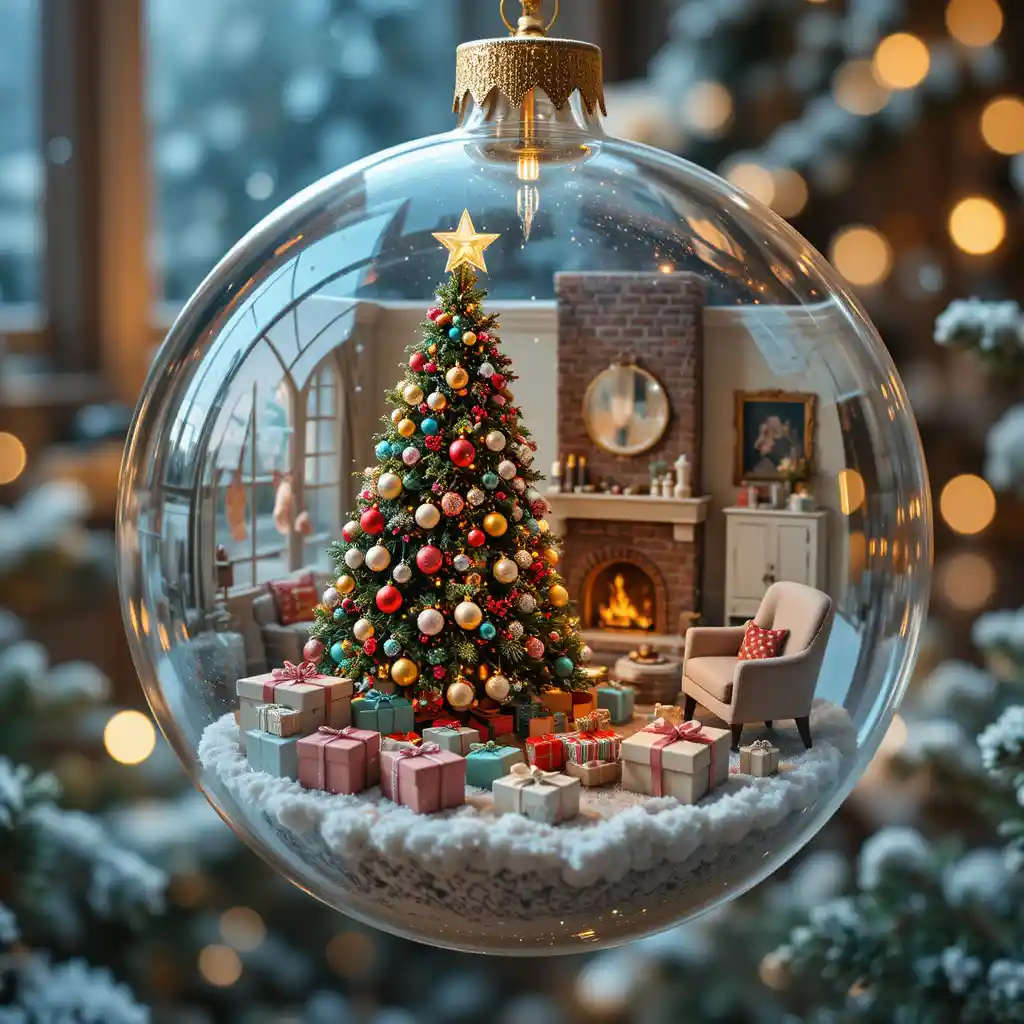 小さなヴィンテージのリビングルームが入ったガラスのクリスマスオーナメント