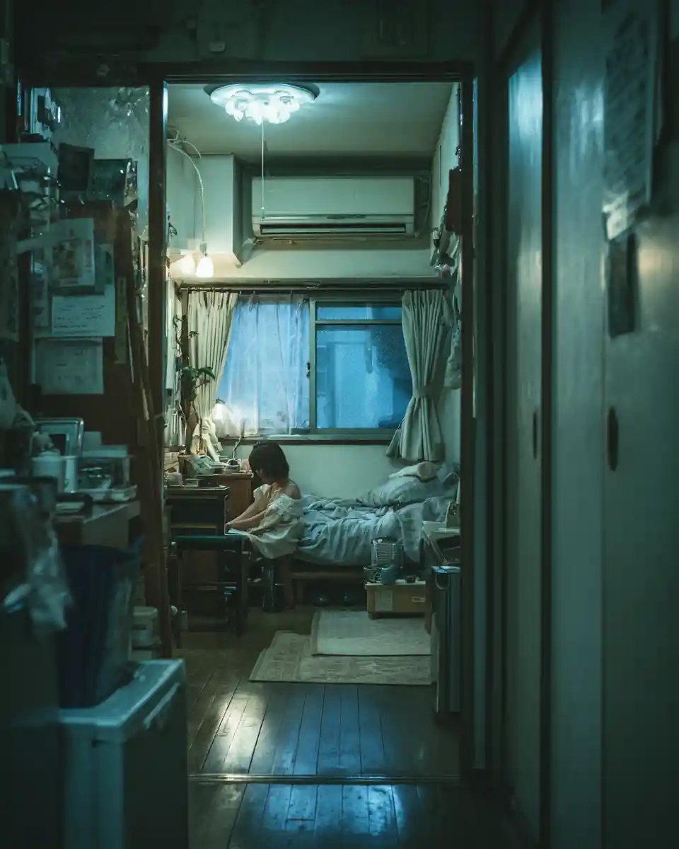 Man in small tokyo apartment with vintage modern decor