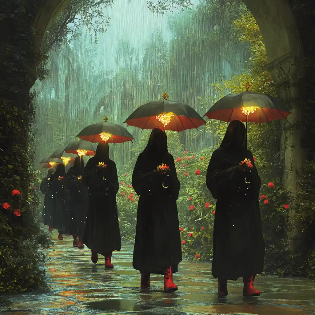 Nuns With Flower Umbrellas Walking In A Rainy Monastery Garden
