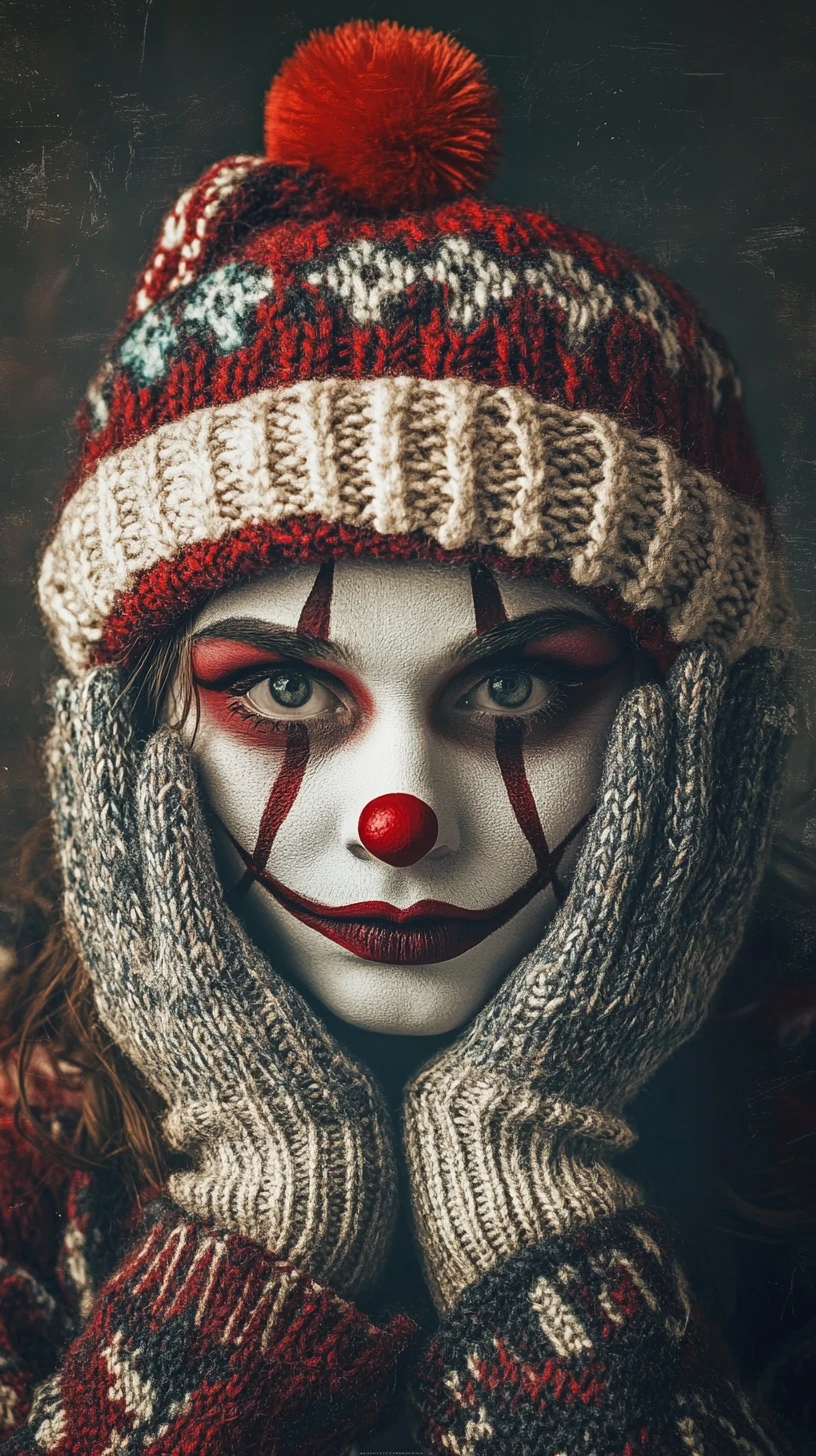 Palhaço fantasioso com gorro de inverno e maquiagem festiva