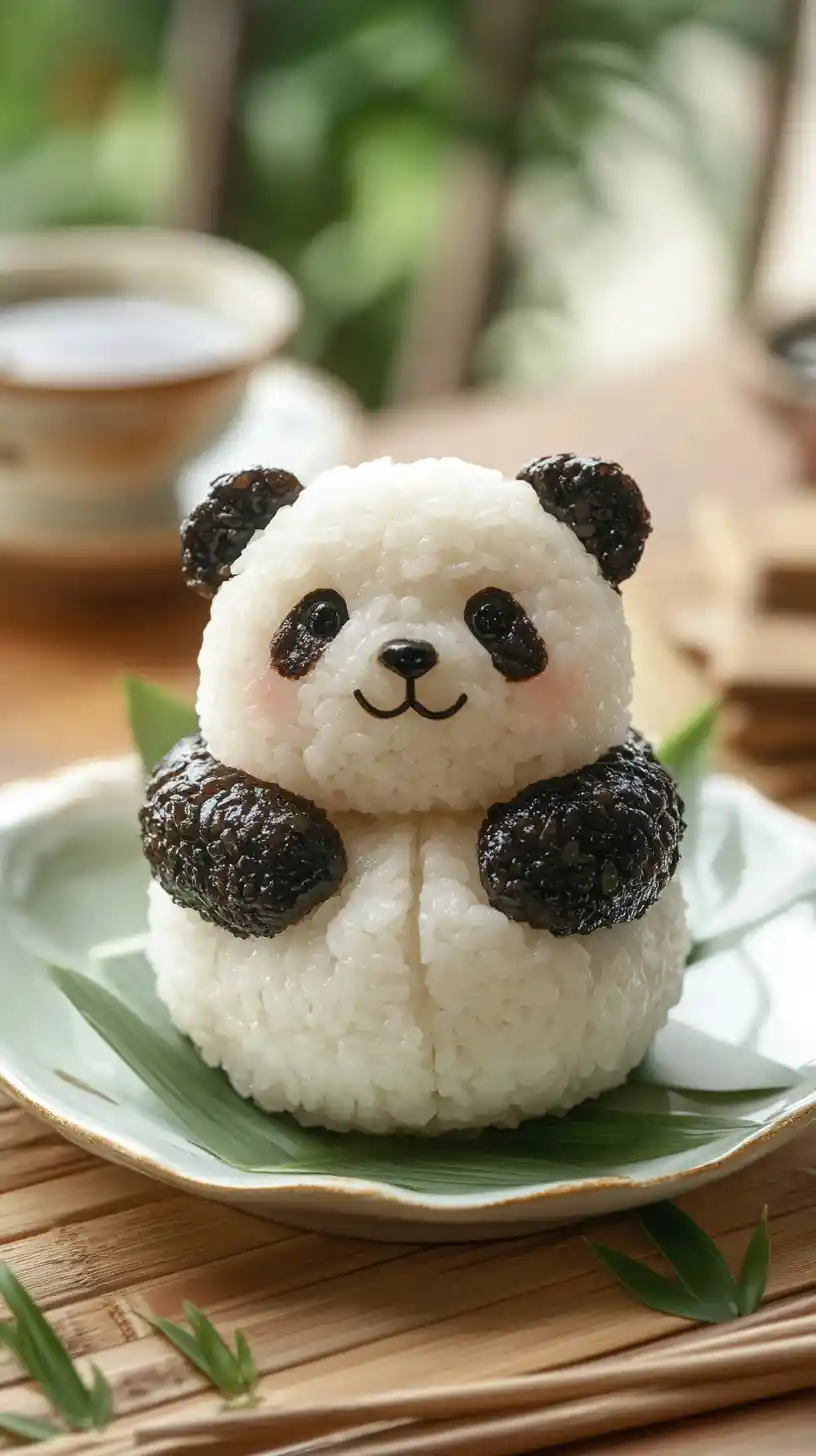 Realistic giant panda zongzi on green leaf mat