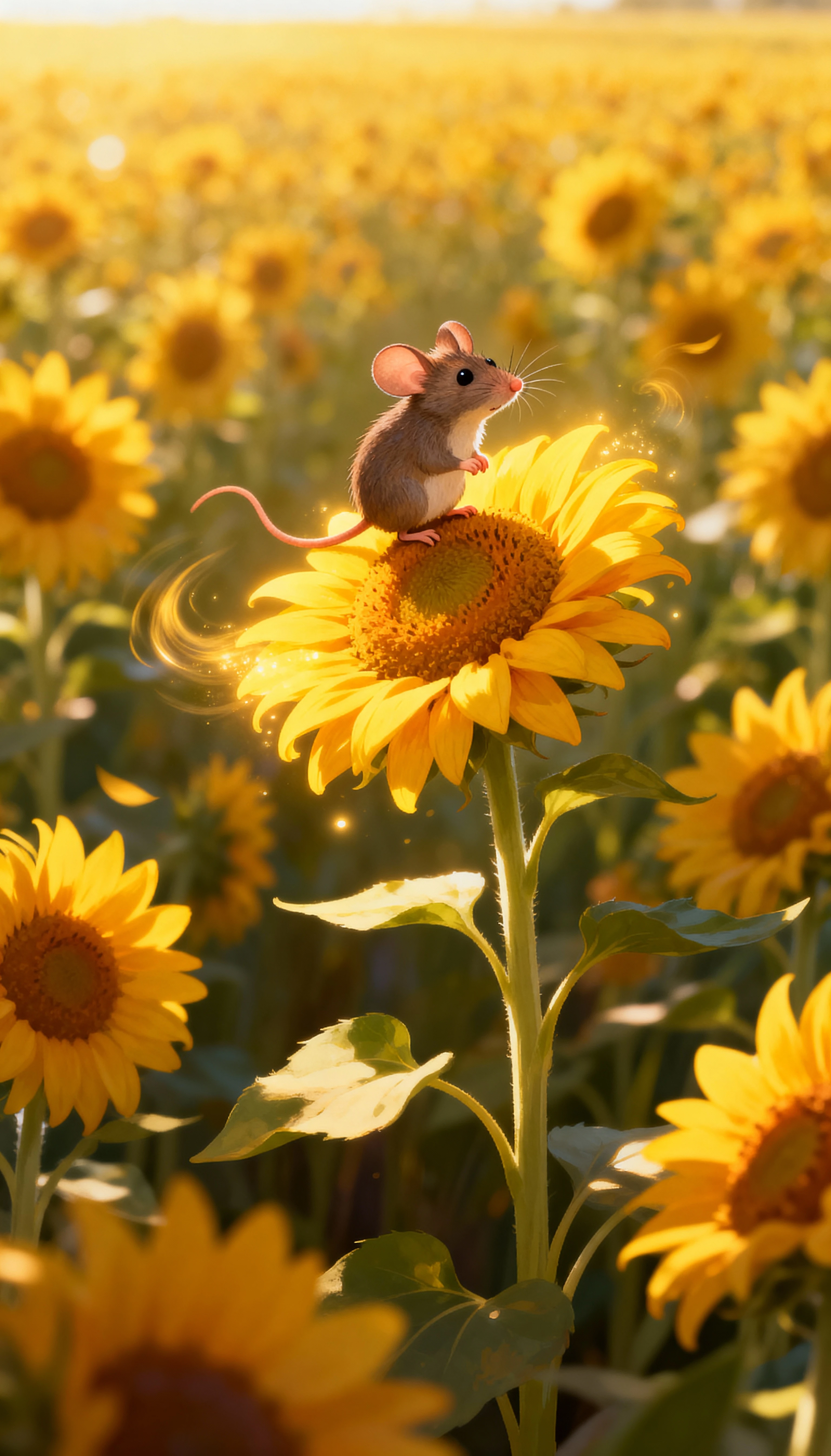 Verspielte Maus reitet auf leuchtender Sonnenblume über endlosen Feldern