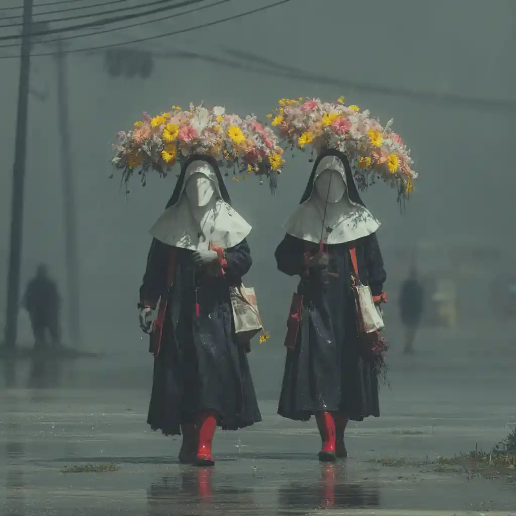 Whimsical nuns in red boots walking under glowing flower umbrellas