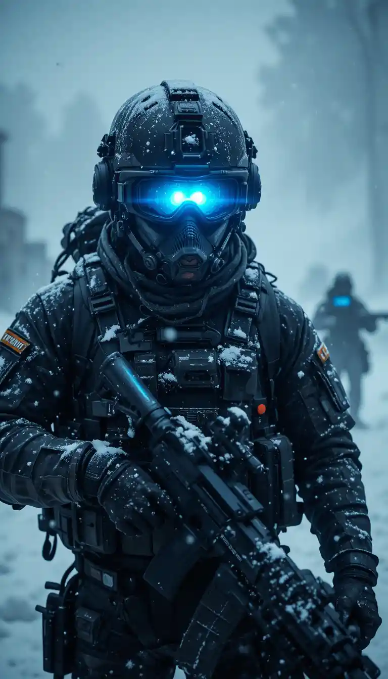 Soldat mit Nachtsichtgerät in dunkler verschneiter Landschaft