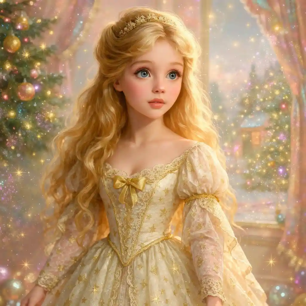 Golden haired fairy tale girl in a magical christmas scene