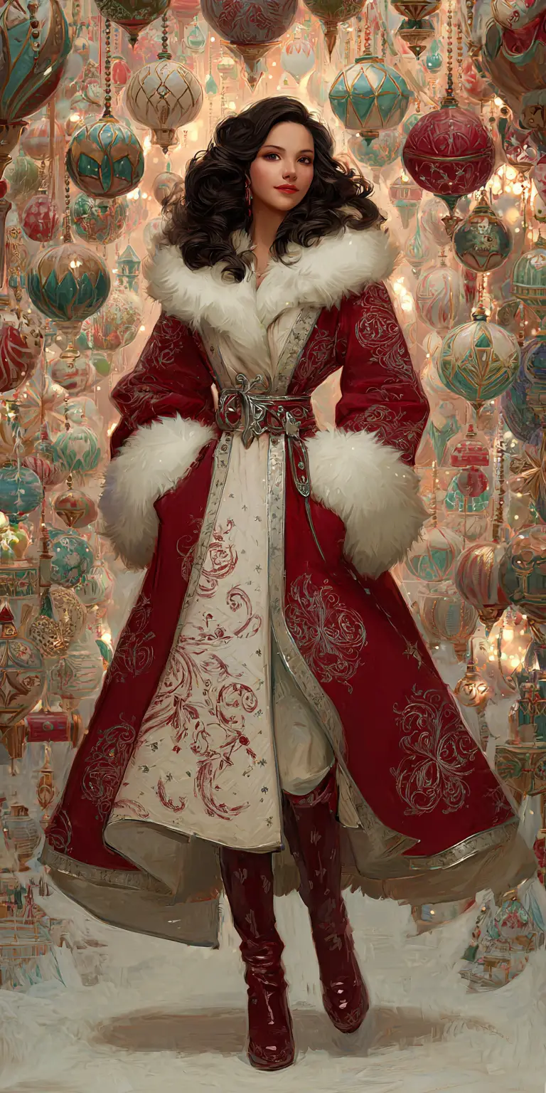 Femme souriante en manteau de Noël rouge parmi des lumières festives scintillantes