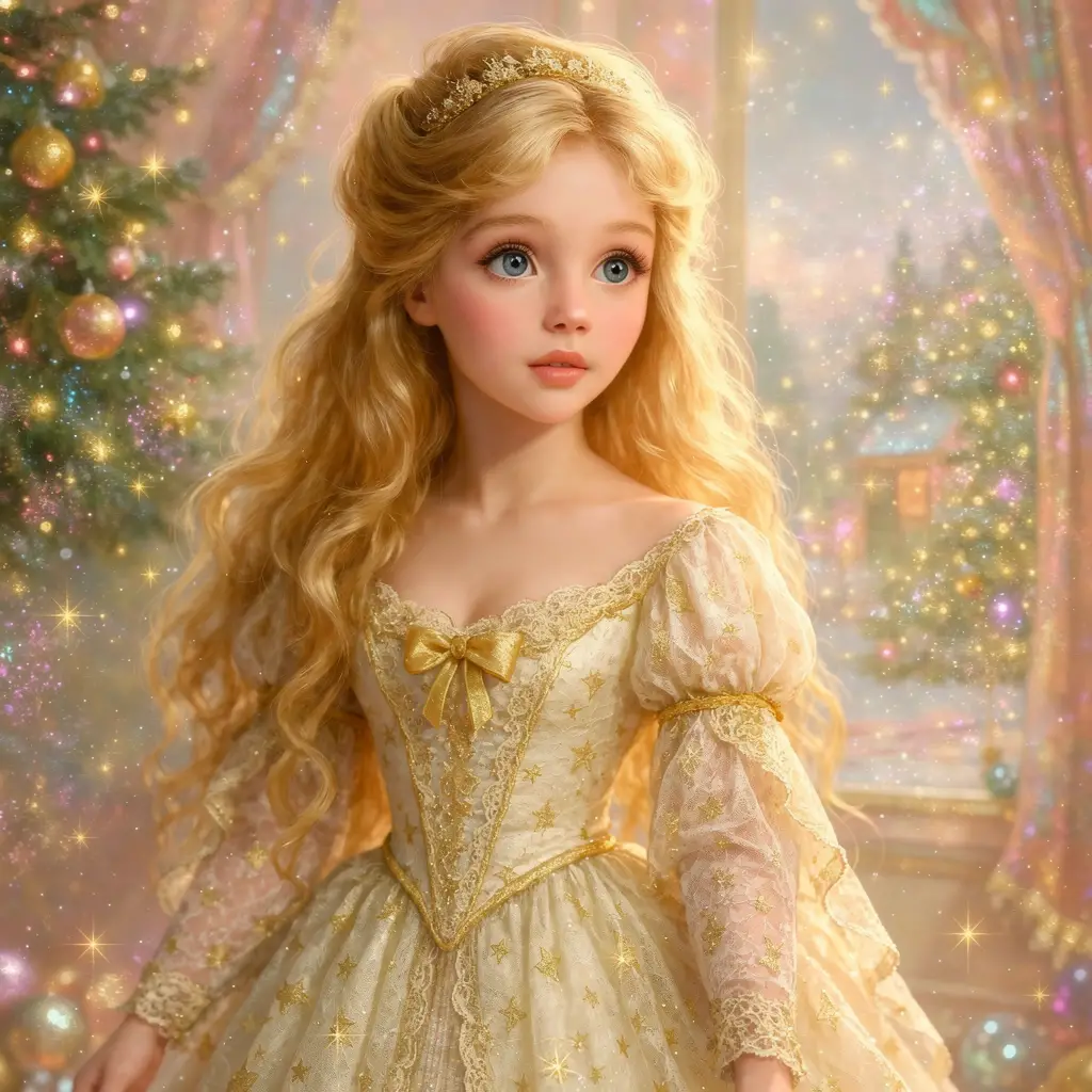 Golden haired fairy tale girl in a magical christmas scene
