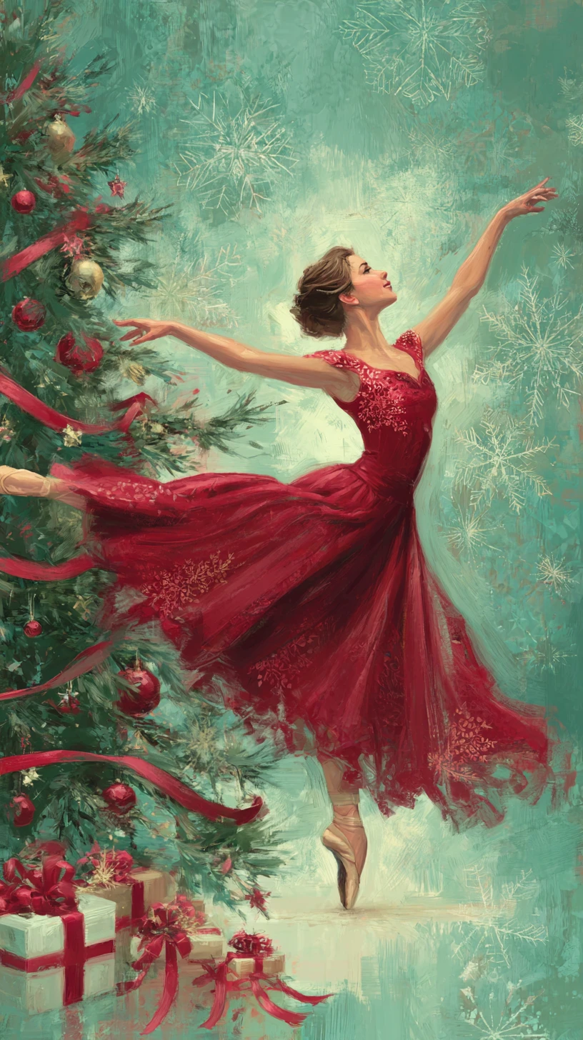 Anmutige Ballerina tanzt neben einem festlichen Weihnachtsbaum