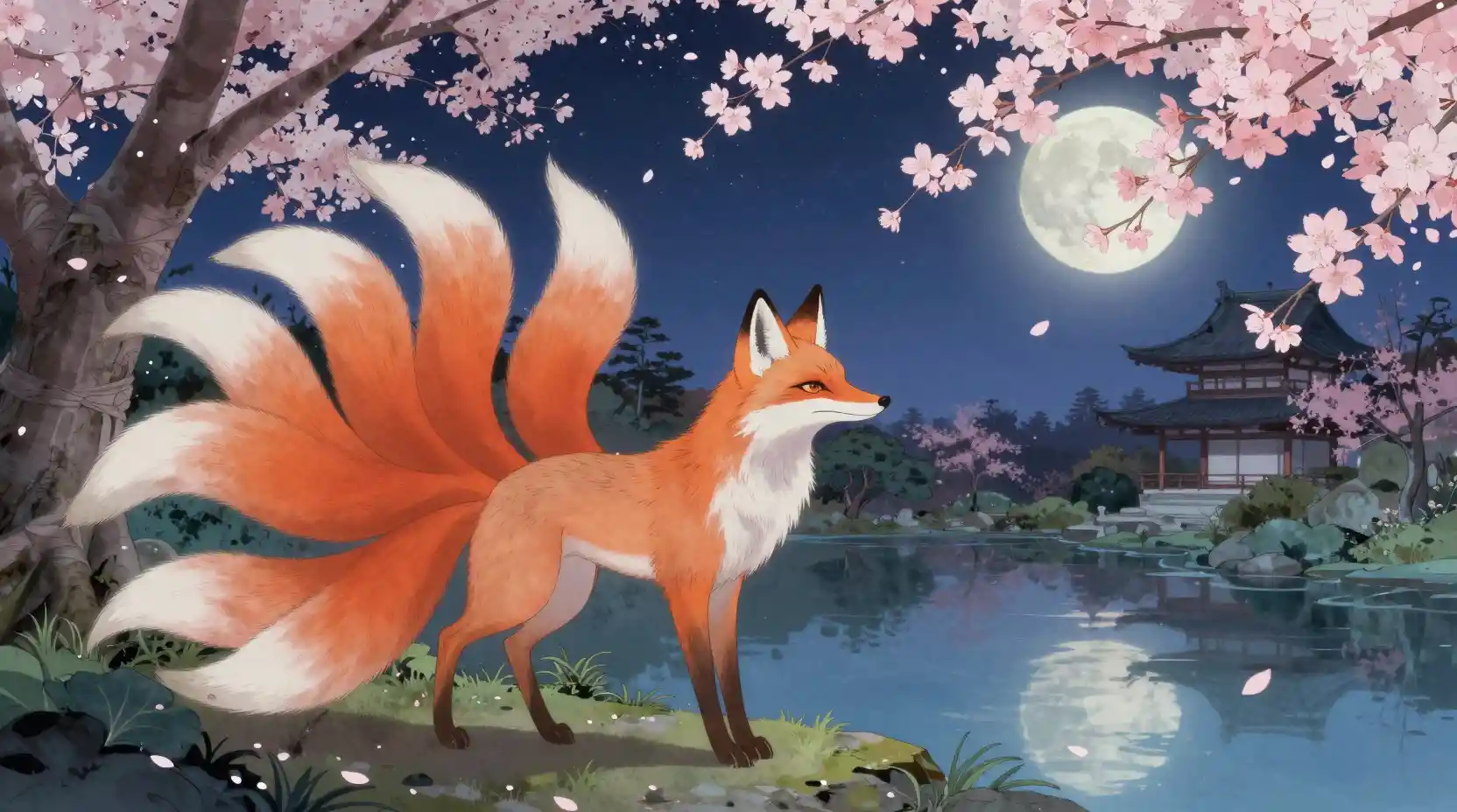 Mystical nine tailed fox spirit in moonlit garden