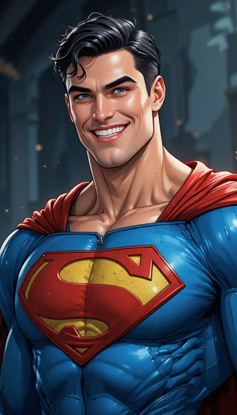 Superhéroe sonriente con traje azul y capa roja sobre fondo oscuro