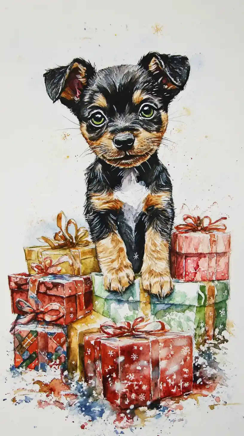 Whimsical watercolor puppy among Christmas presents