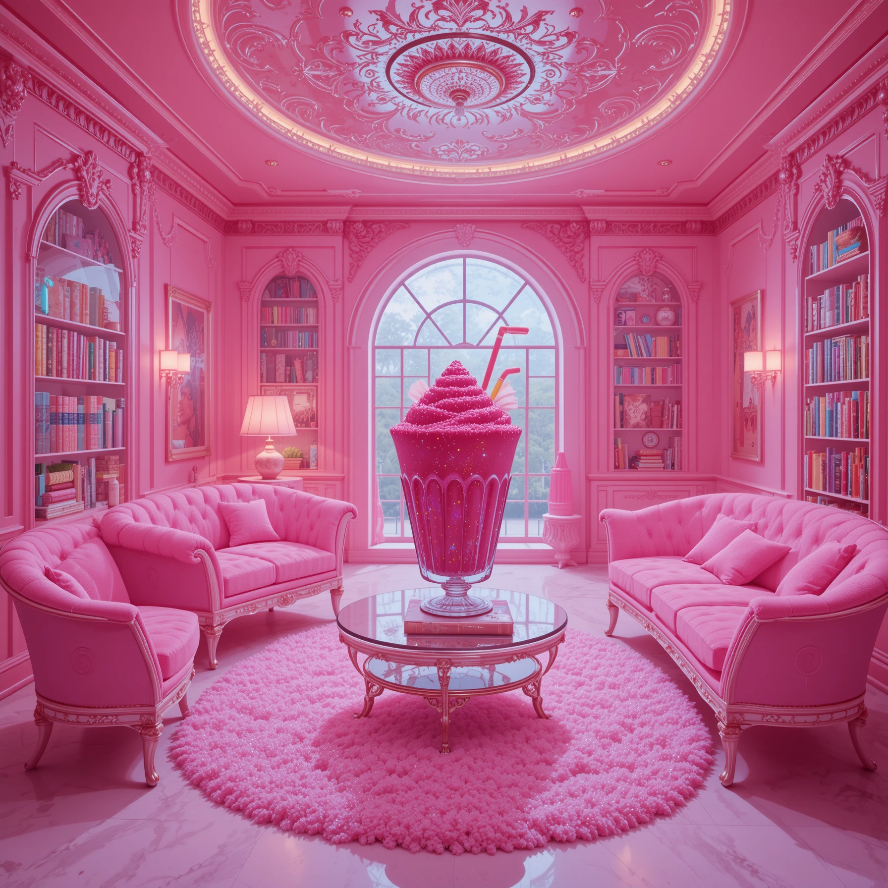 Interior Lúdico de Casa dos Sonhos Rosa com Brilho e Milkshake