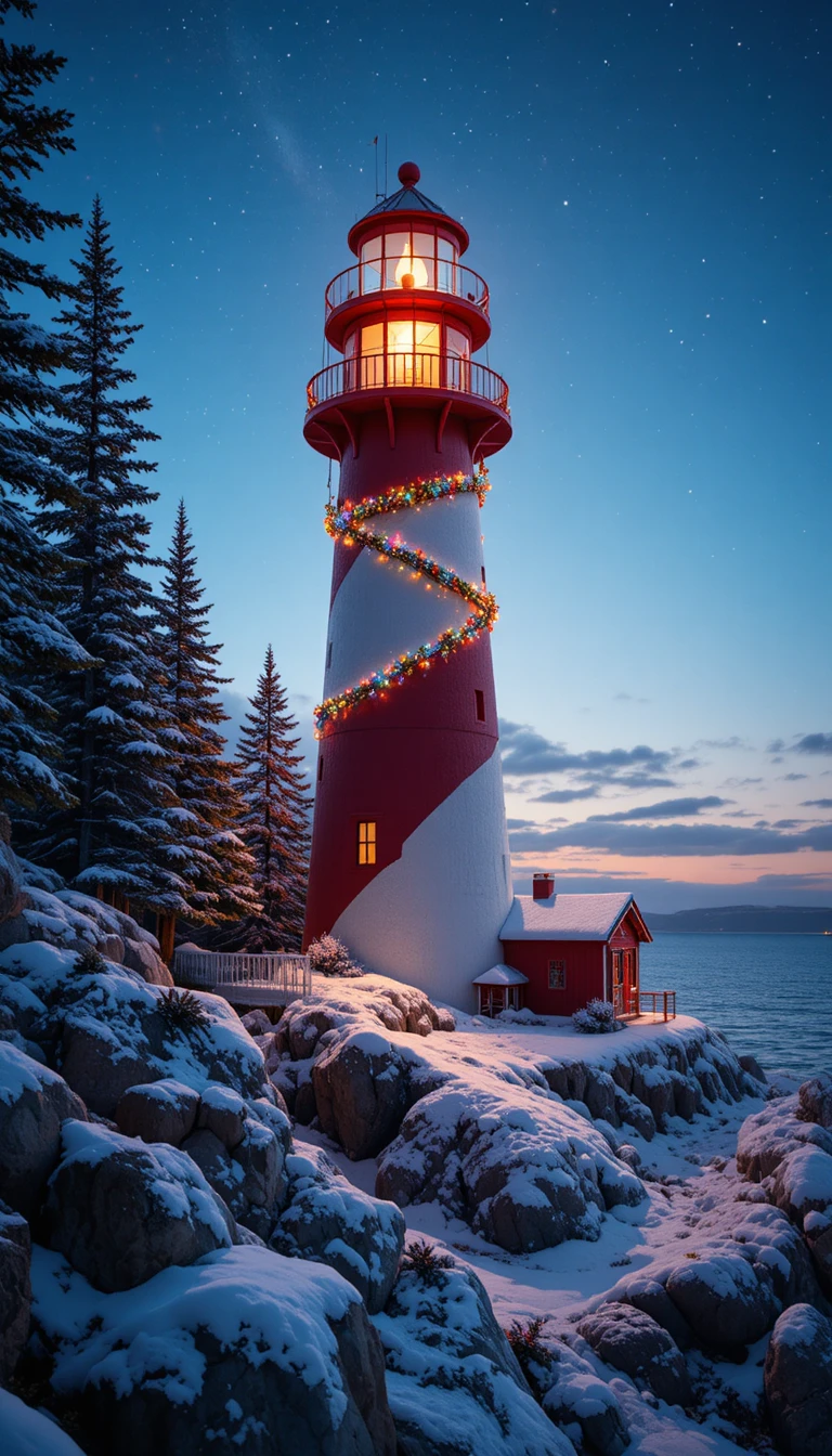Faro Festivo en una Costa Rocosa Nevada al Crepúsculo