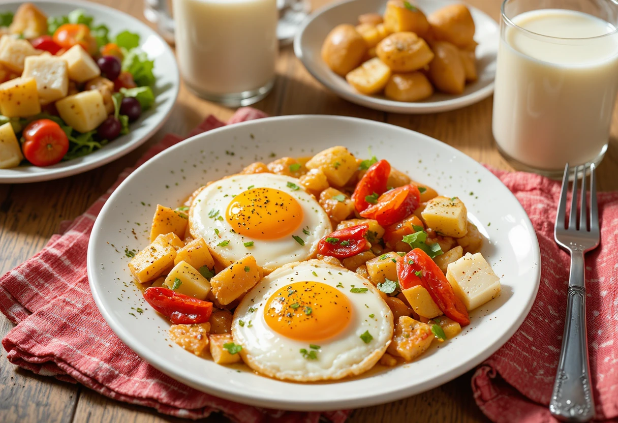 Sunny breakfast with eggs potatoes salad and milk