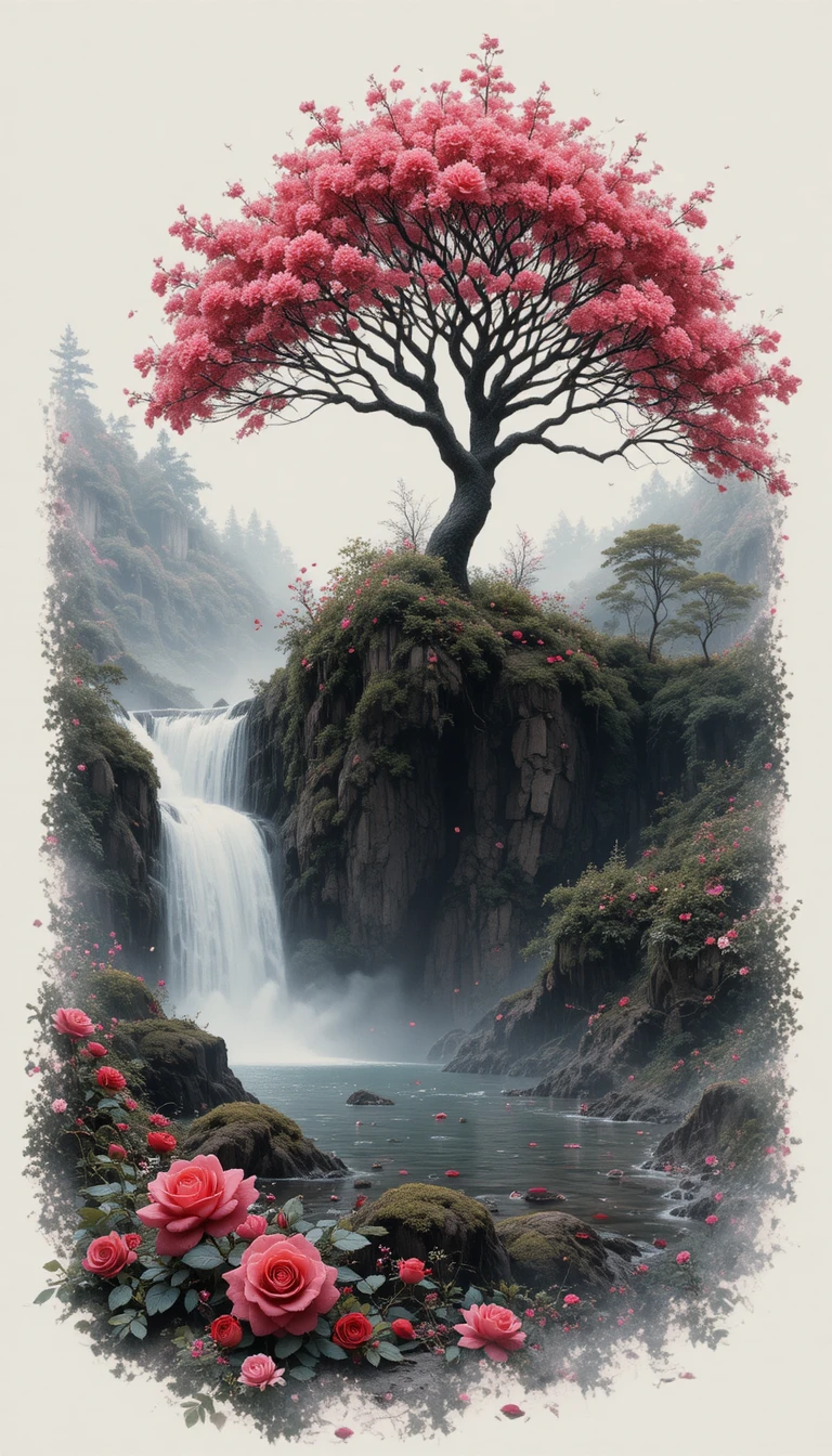 Red and pink roses with waterfall on black background