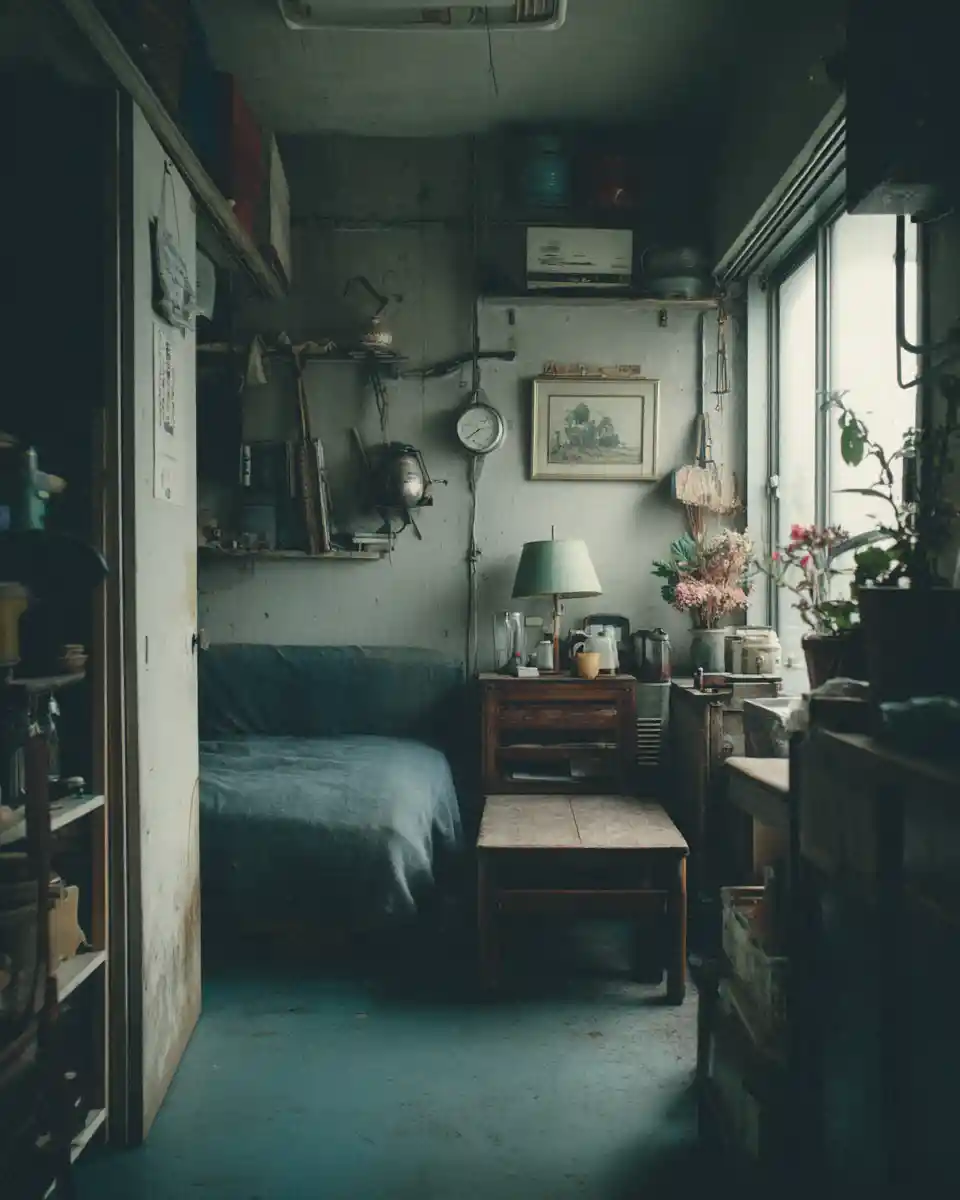 Man in small tokyo apartment with surreal drifting dust