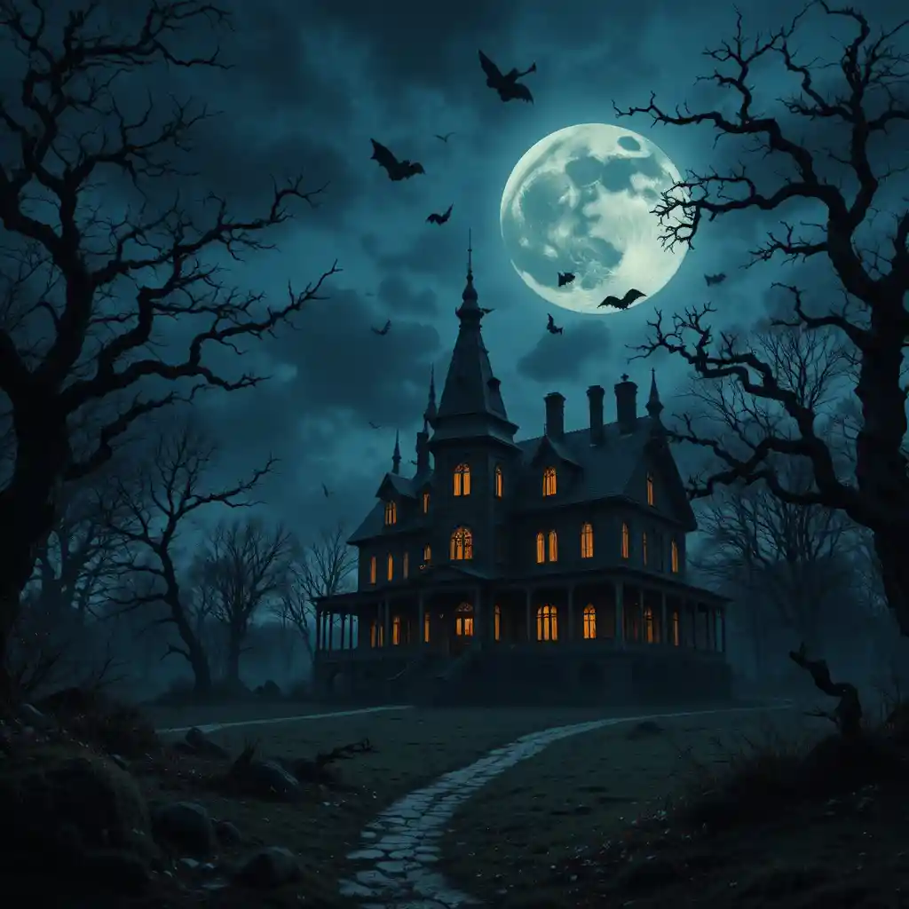 Villa infestata sotto una luna gigante e luminosa con pipistrelli in volo