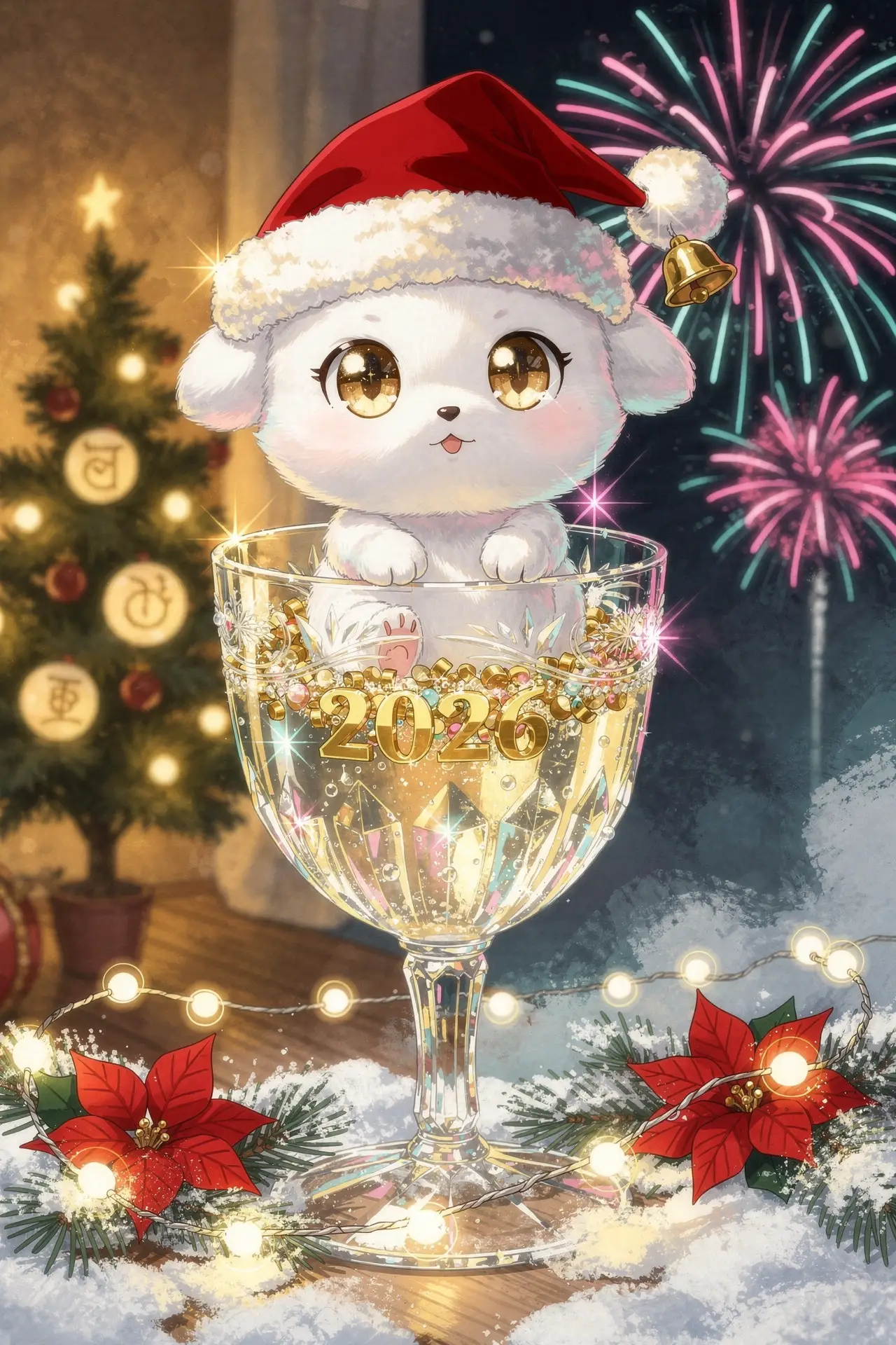 Cucciolo chibi con cappello di Babbo Natale seduto in un calice scintillante