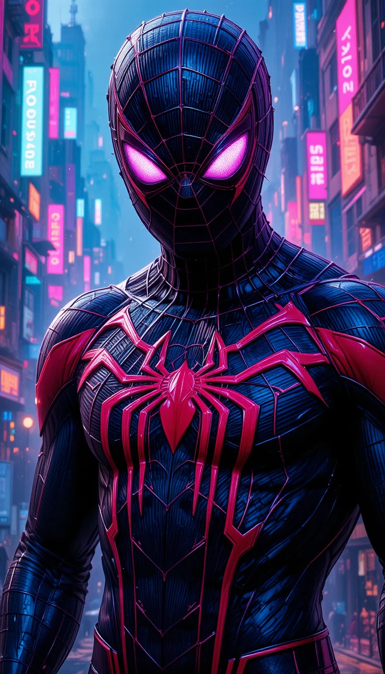 Super-herói de terno preto com fundo de cidade neon