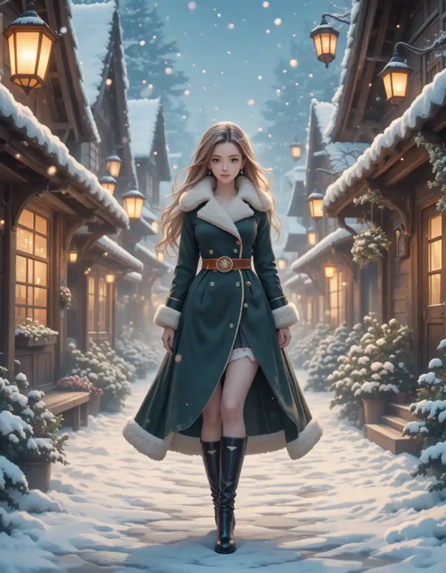 Anime woman walking through a snowy lantern lit fantasy village