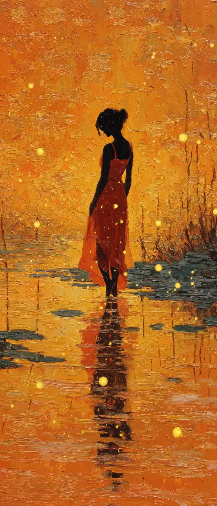 夜晚站在發光河流中的沉思少女