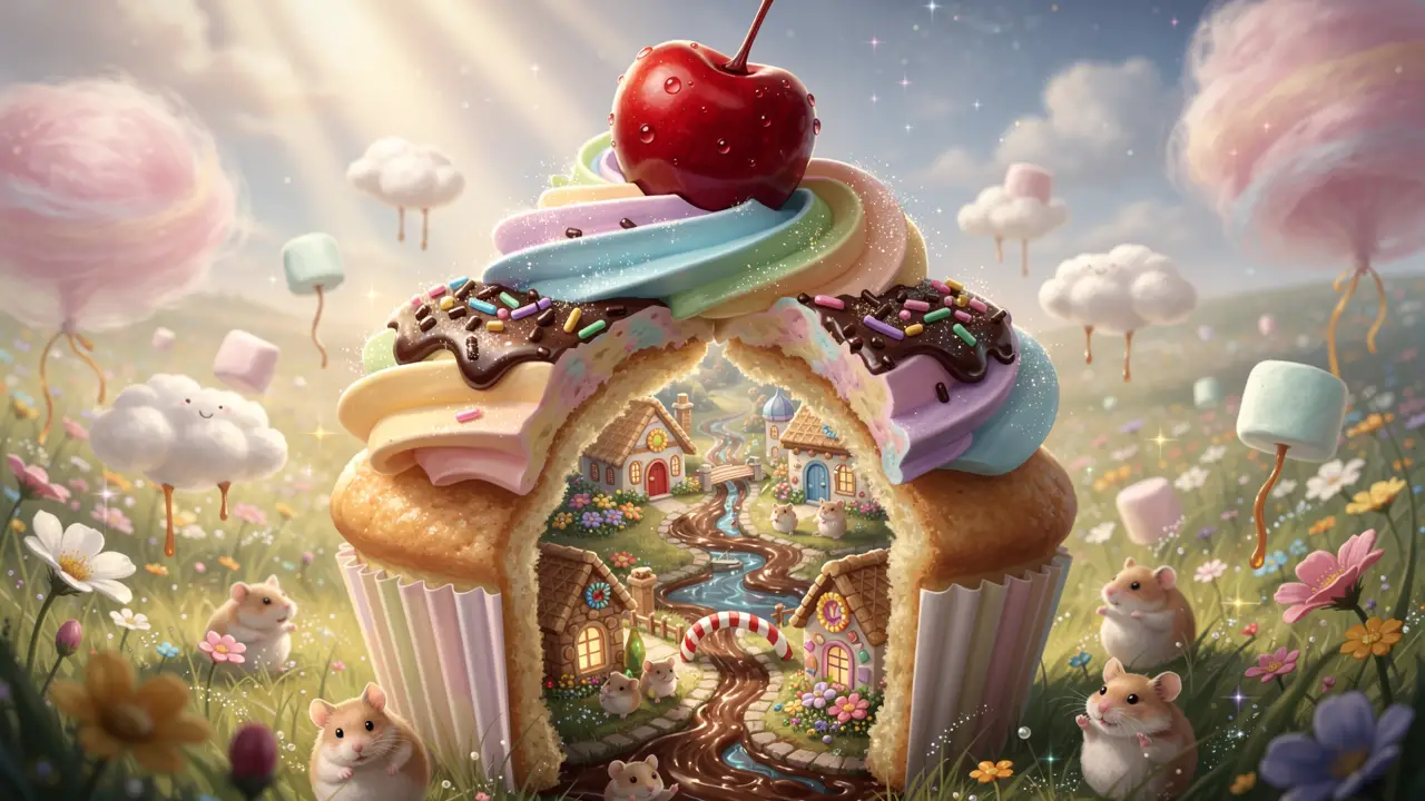 Géant Cupcake Arc-en-ciel dans une Prairie Fantastique de Bonbons