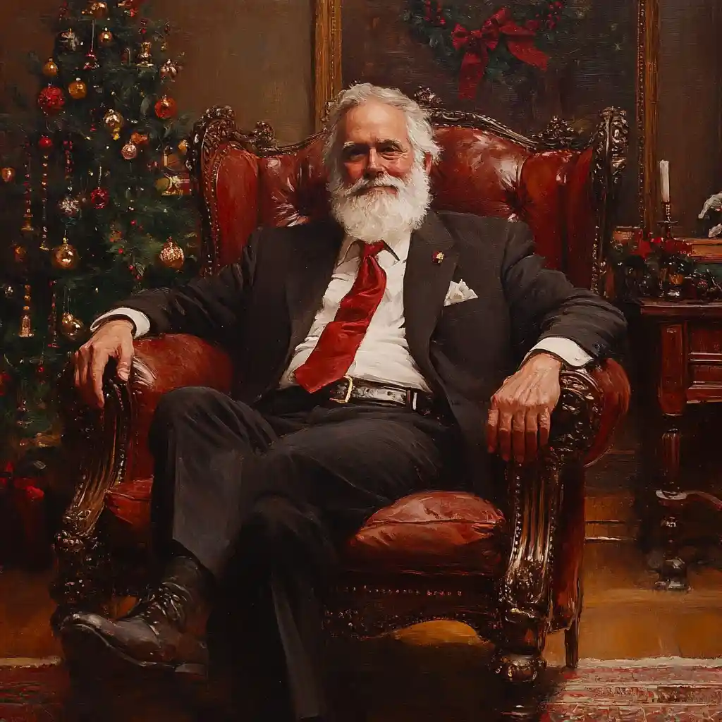 Weihnachtsmann in einem eleganten Weihnachtswohnzimmer sitzend