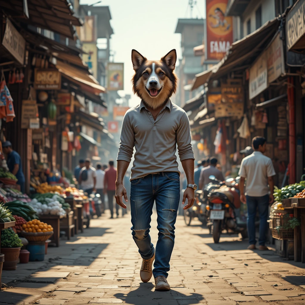 Chien anthropomorphe marchant dans un marché indien animé