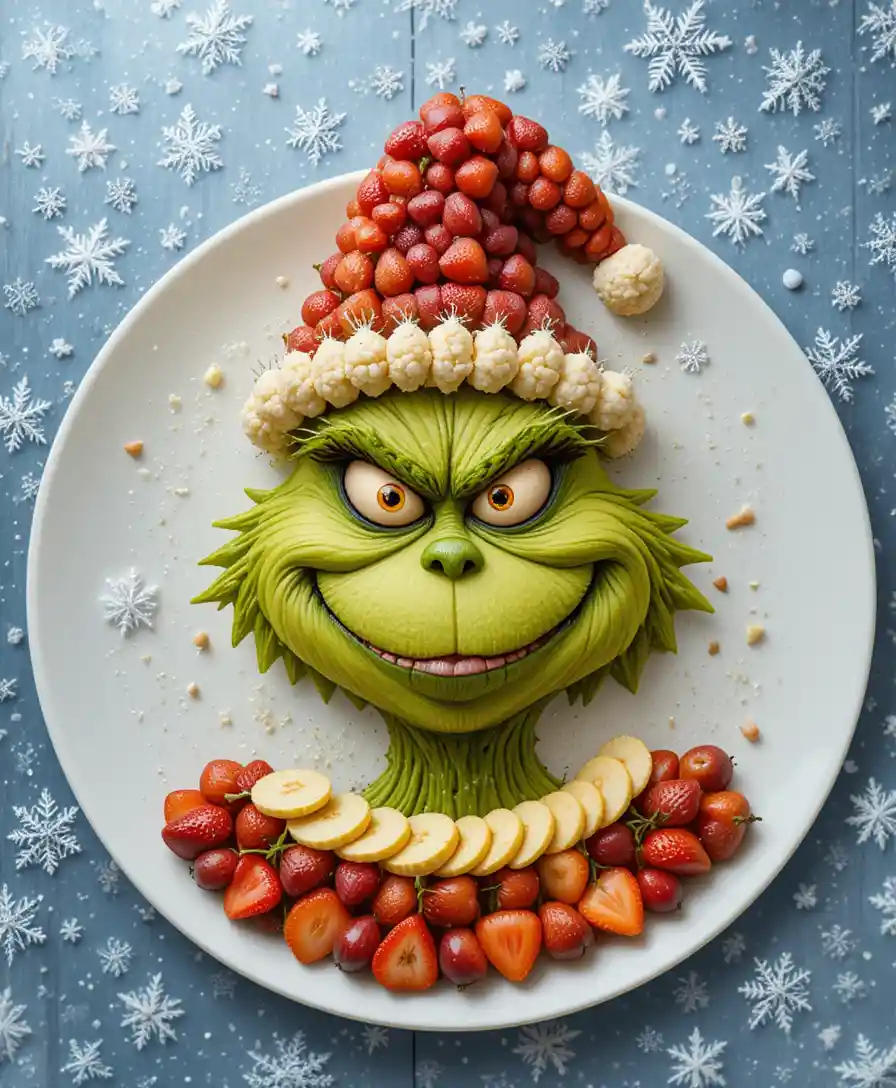Fruit portrait of a grinch face on white plate