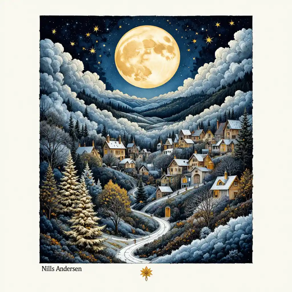 Fiabesco villaggio patchwork che brilla sotto la luna piena invernale