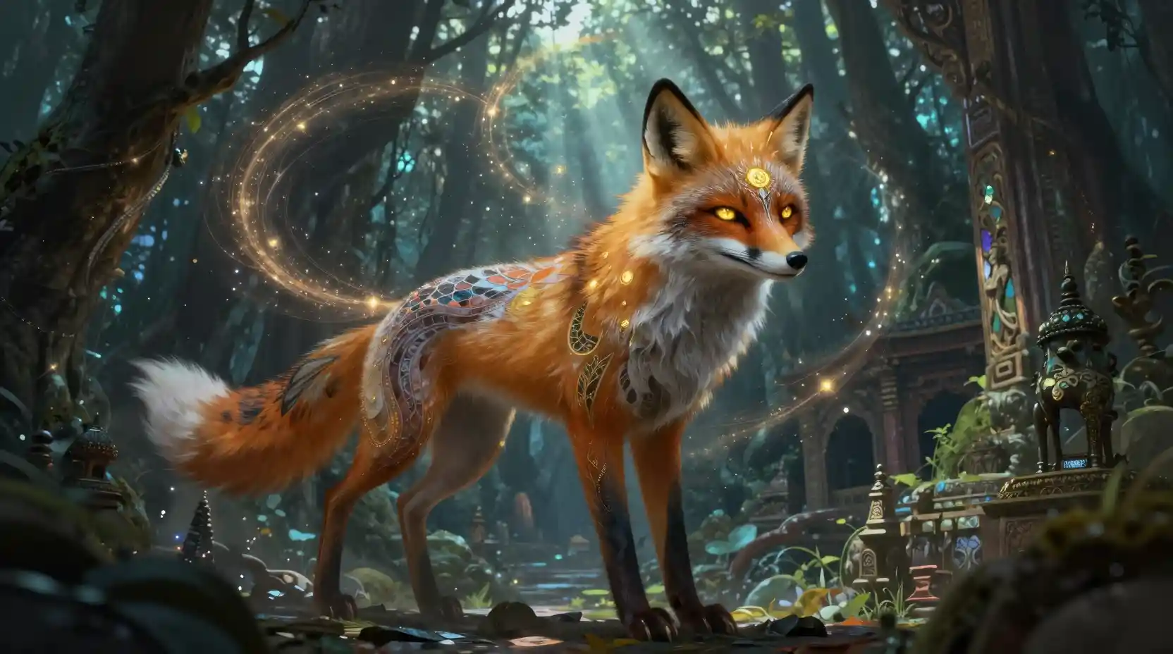 Ancient fox spirit emerging in a stardust filled temple