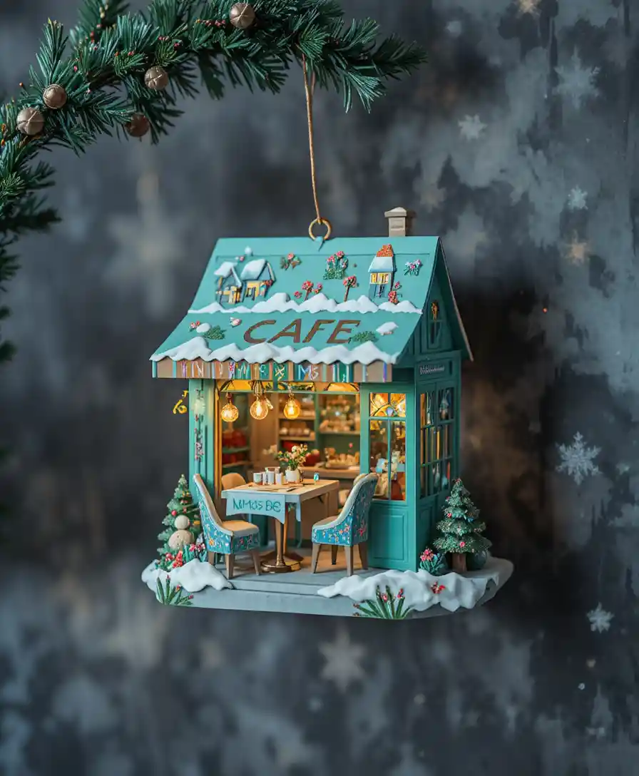 Paper cafe Christmas decoration glowing in colorful haze
