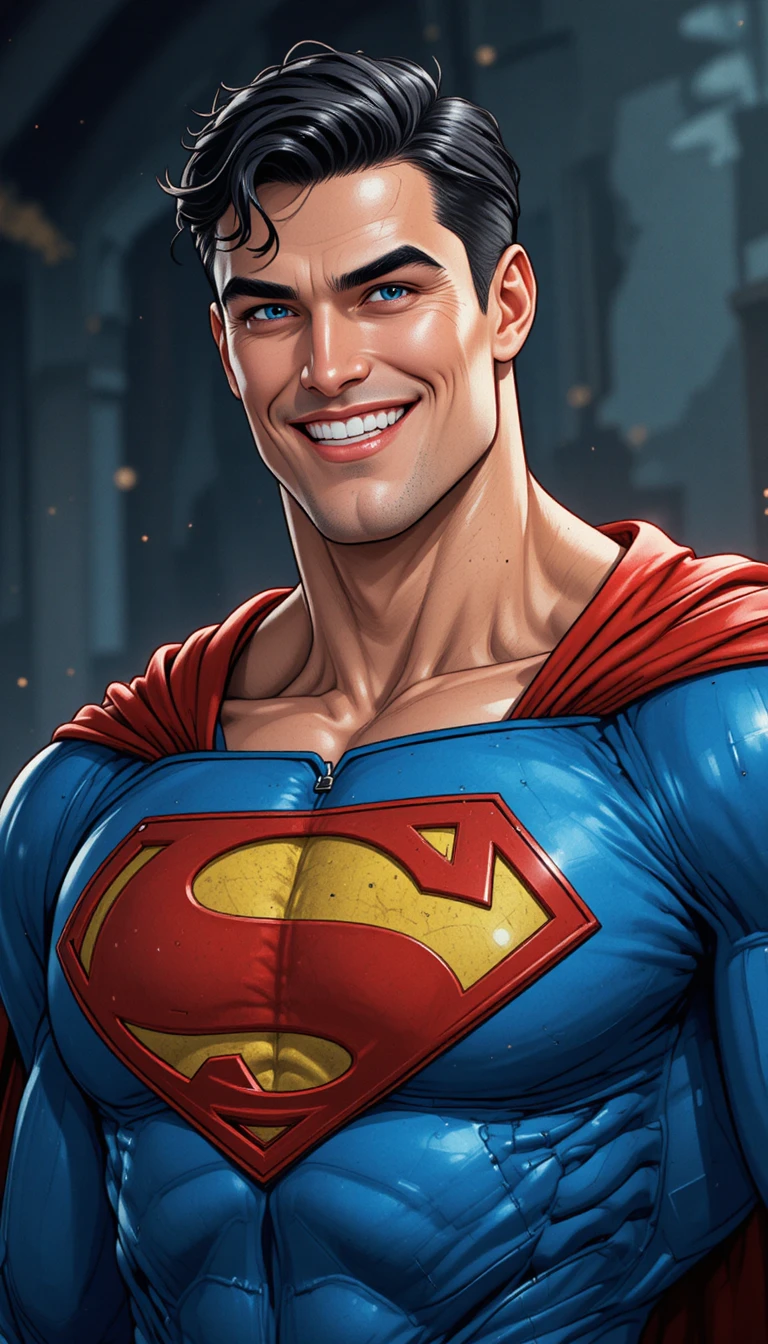 Super-herói sorridente de terno azul com capa vermelha em fundo escuro