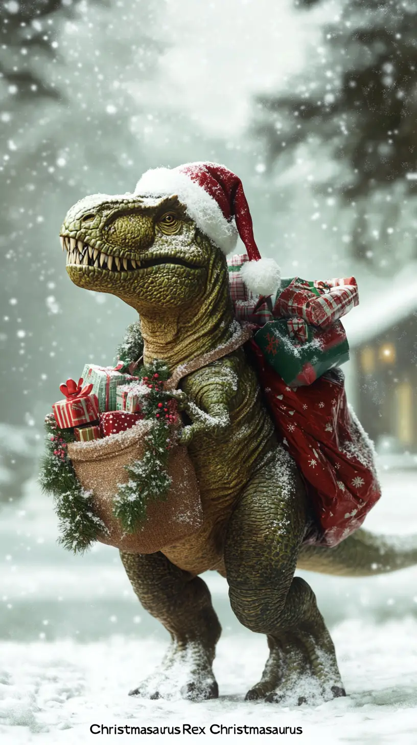 Dinosaure festif portant des cadeaux dans une forêt hivernale enneigée
