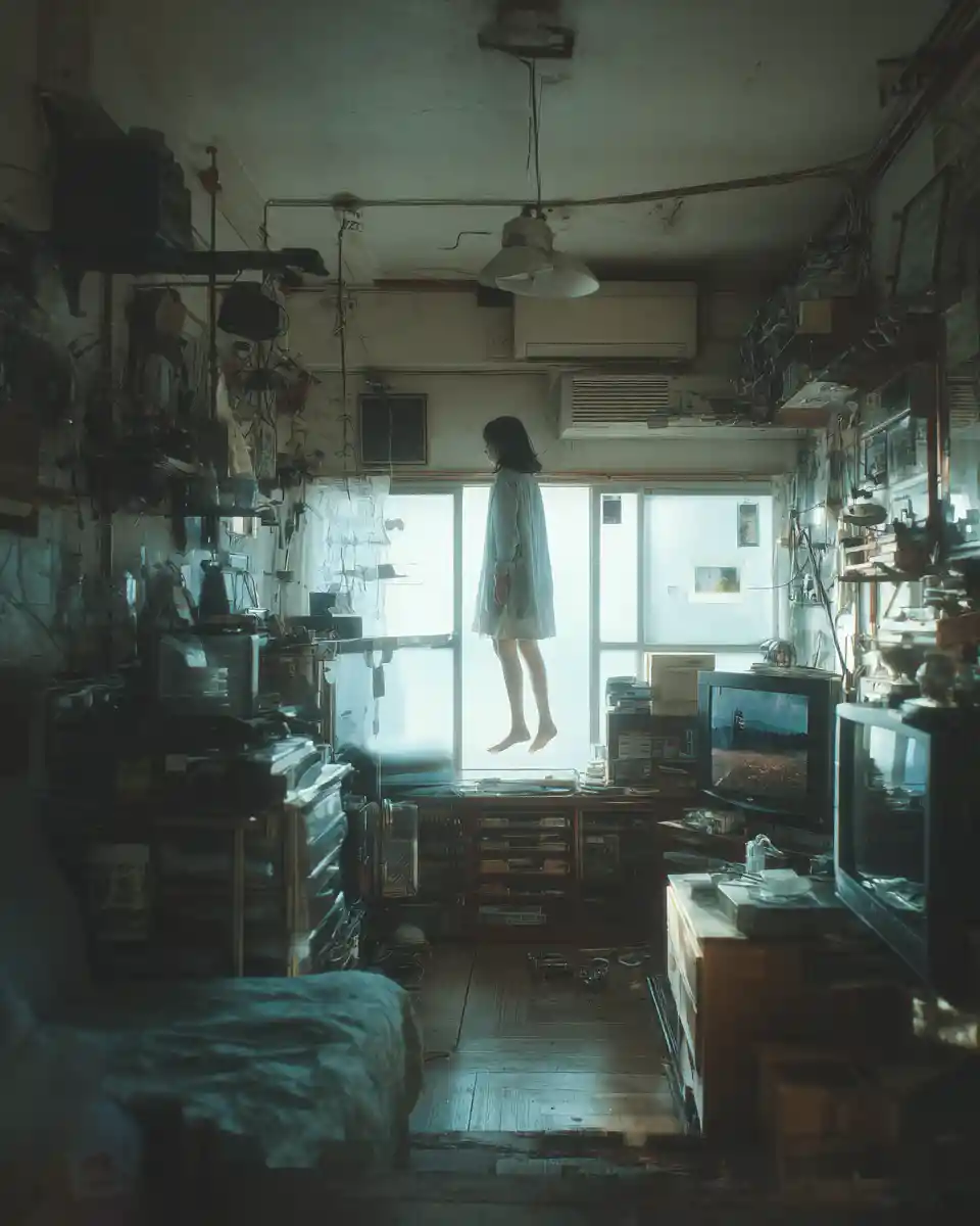 Surreal Tokyo apartment with drifting objects and lone resident