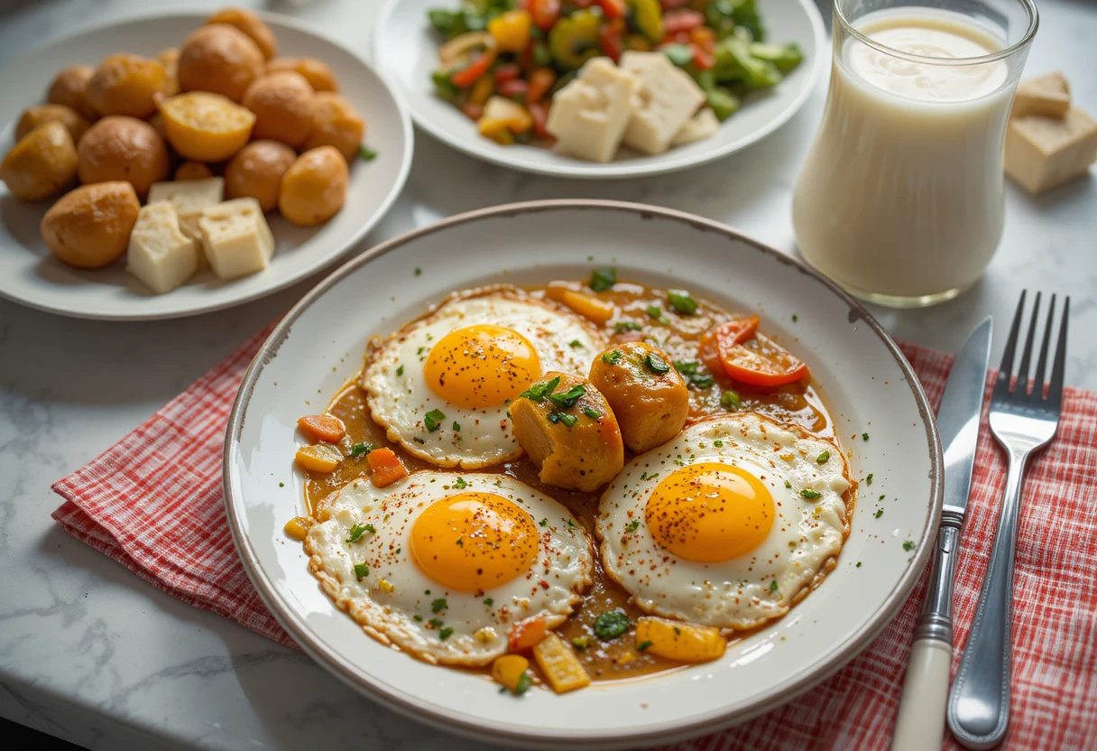 Sonniger Frühstückstisch mit Eiern, Salat, Kartoffeln und Milch